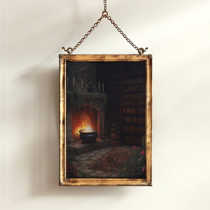 Halloween Cauldron Art Print, Dark Academia, Medieval Castlecore Witchy Fireplace Poster, Whimsigoth Decor, Hocus Pocus Room Decor