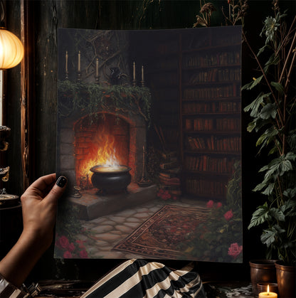 Halloween Cauldron Art Print, Dark Academia, Medieval Castlecore Witchy Fireplace Poster, Whimsigoth Decor, Hocus Pocus Room Decor