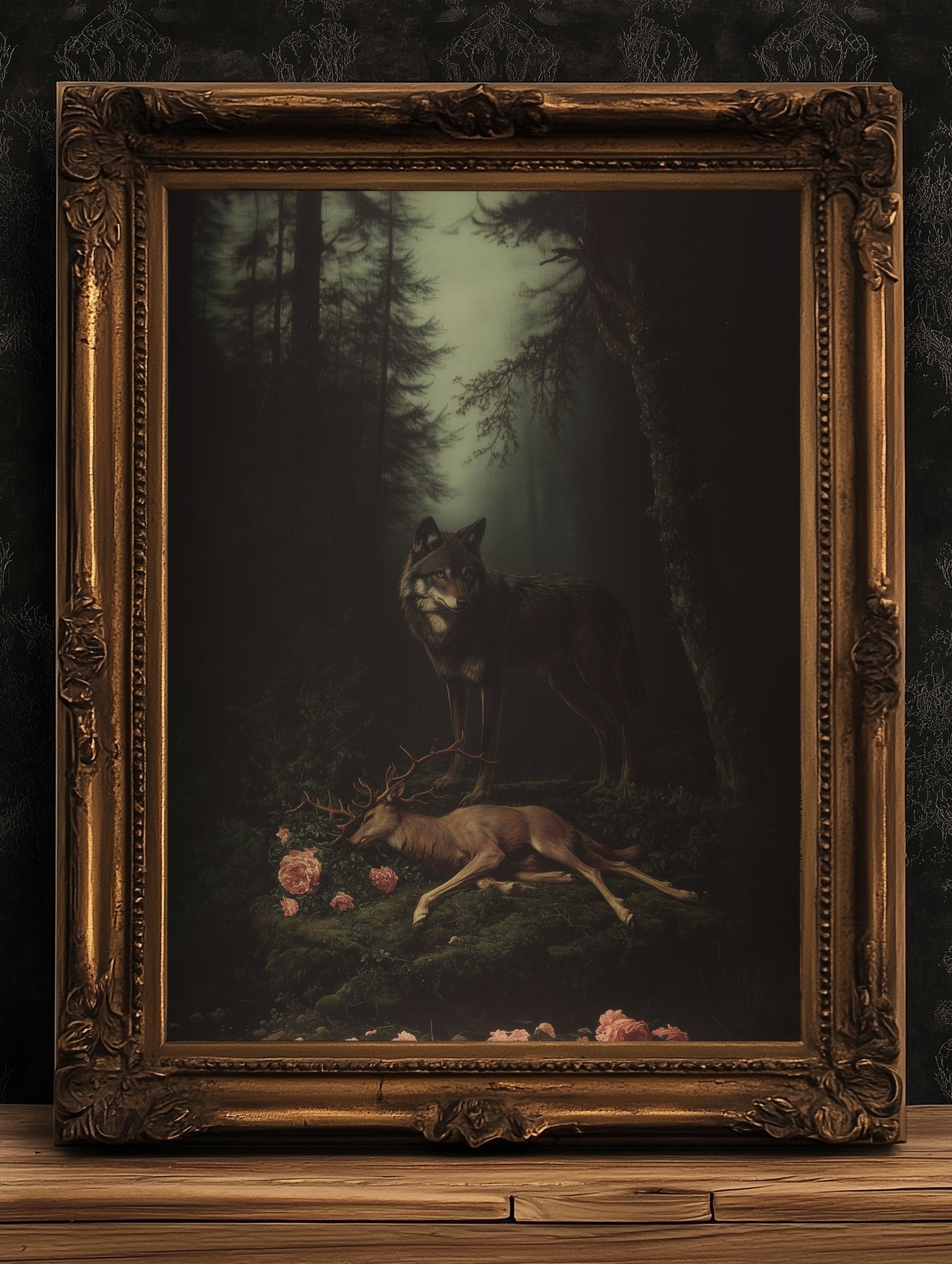 Dark Forest Wall Art, Wolf and Deer Print, Dark Academia Whimsigoth Decor, Fairycore Gothic Painting for Witchy Medieval Rooms