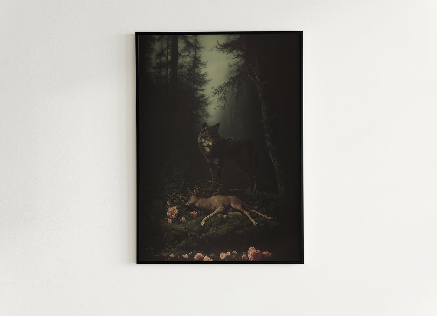Dark Forest Wall Art, Wolf and Deer Print, Dark Academia Whimsigoth Decor, Fairycore Gothic Painting for Witchy Medieval Rooms