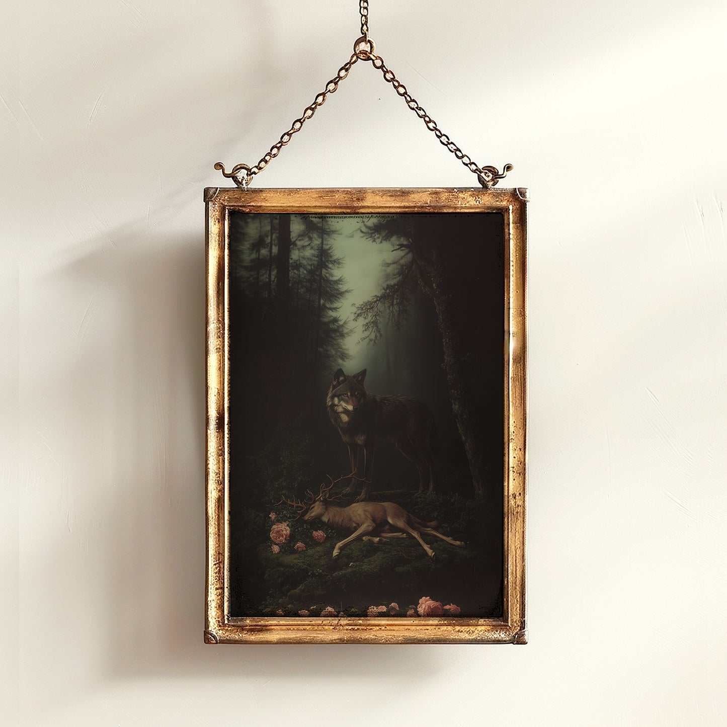 Dark Forest Wall Art, Wolf and Deer Print, Dark Academia Whimsigoth Decor, Fairycore Gothic Painting for Witchy Medieval Rooms