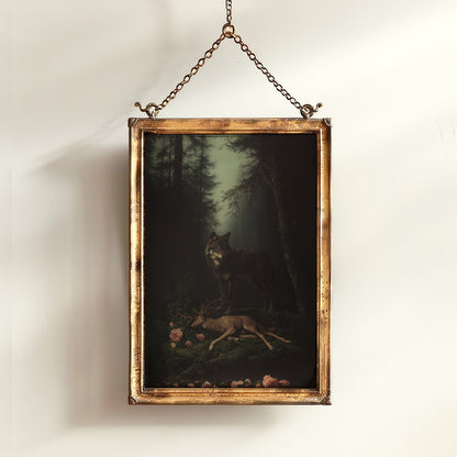 Dark Forest Wall Art, Wolf and Deer Print, Dark Academia Whimsigoth Decor, Fairycore Gothic Painting for Witchy Medieval Rooms