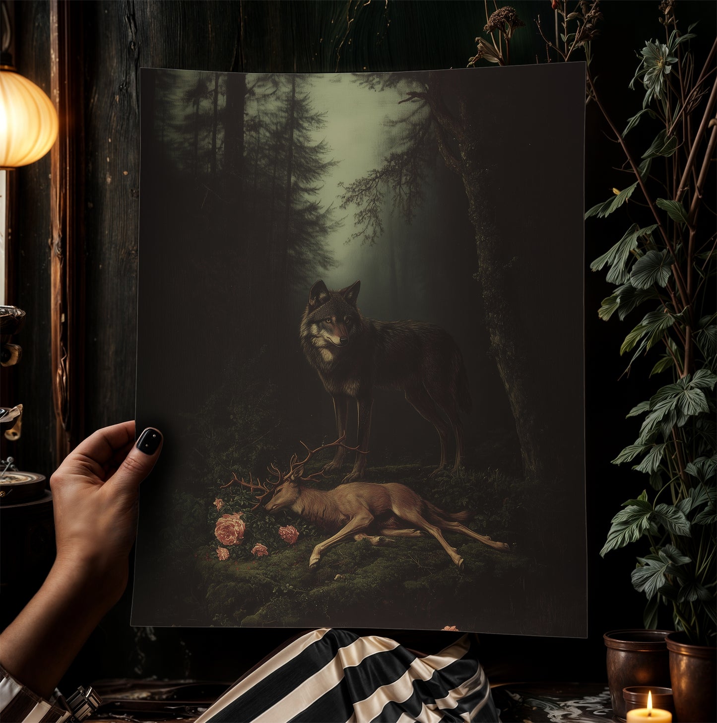 Dark Forest Wall Art, Wolf and Deer Print, Dark Academia Whimsigoth Decor, Fairycore Gothic Painting for Witchy Medieval Rooms