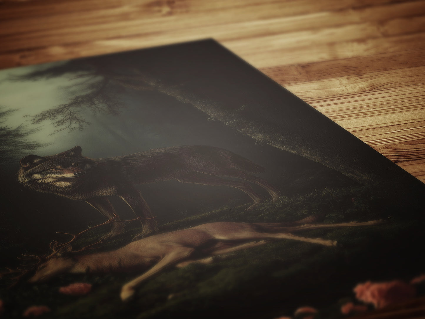 Dark Forest Wall Art, Wolf and Deer Print, Dark Academia Whimsigoth Decor, Fairycore Gothic Painting for Witchy Medieval Rooms