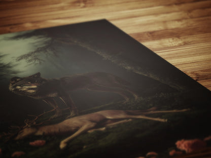 Dark Forest Wall Art, Wolf and Deer Print, Dark Academia Whimsigoth Decor, Fairycore Gothic Painting for Witchy Medieval Rooms