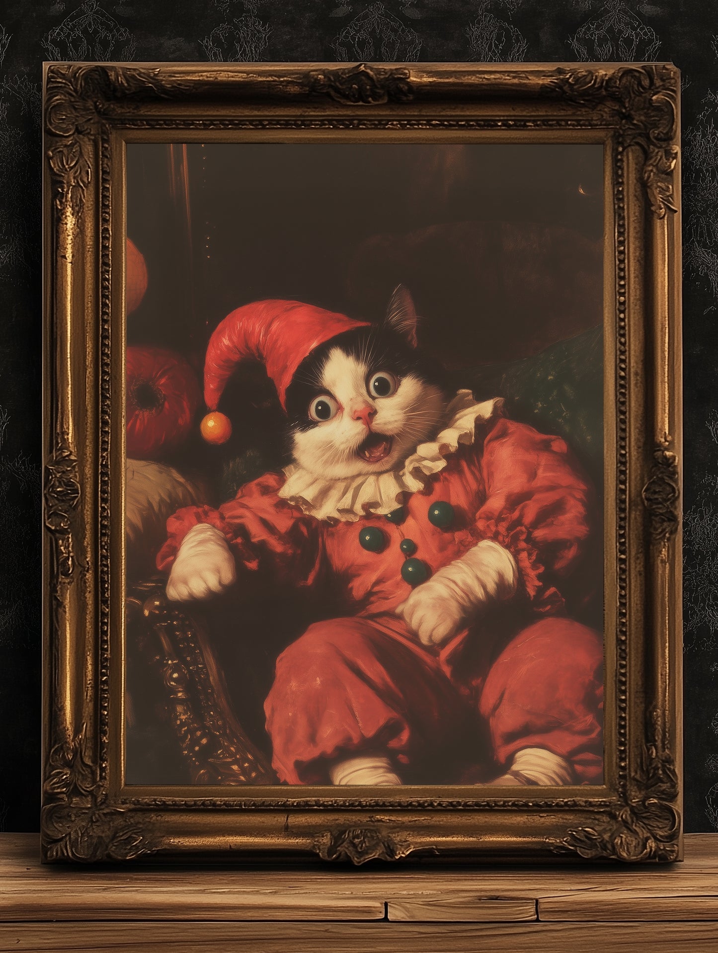 Funny Clown Cat Print, Kitty In Jester Costume Art Poster, Weird Whimsical Wall Decor, Eccentric Animal Poster, Circus Art, Cat Lover Gift