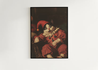 Funny Clown Cat Print, Kitty In Jester Costume Art Poster, Weird Whimsical Wall Decor, Eccentric Animal Poster, Circus Art, Cat Lover Gift