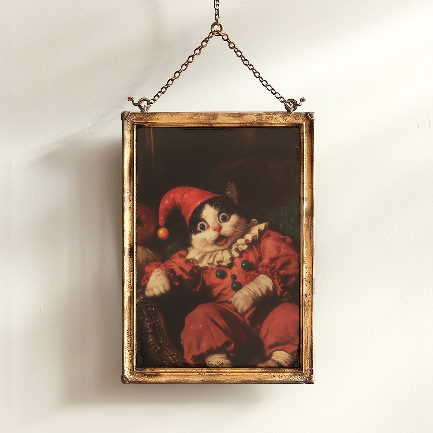 Funny Clown Cat Print, Kitty In Jester Costume Art Poster, Weird Whimsical Wall Decor, Eccentric Animal Poster, Circus Art, Cat Lover Gift