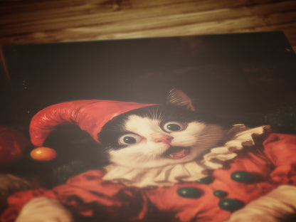 Funny Clown Cat Print, Kitty In Jester Costume Art Poster, Weird Whimsical Wall Decor, Eccentric Animal Poster, Circus Art, Cat Lover Gift