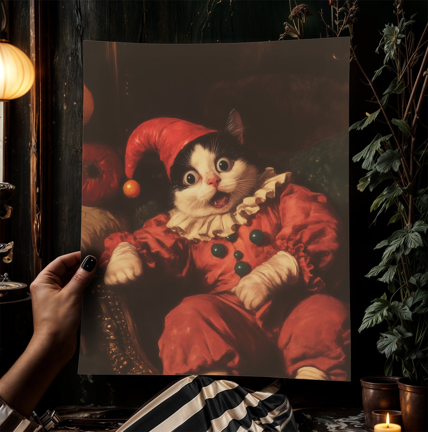 Funny Clown Cat Print, Kitty In Jester Costume Art Poster, Weird Whimsical Wall Decor, Eccentric Animal Poster, Circus Art, Cat Lover Gift