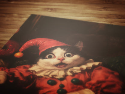 Funny Clown Cat Print, Kitty In Jester Costume Art Poster, Weird Whimsical Wall Decor, Eccentric Animal Poster, Circus Art, Cat Lover Gift