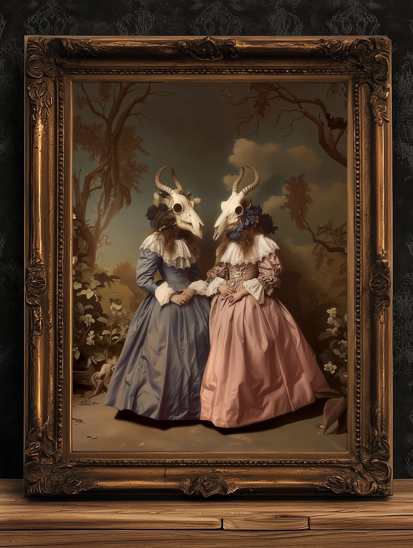 Baroque Woman with Ram Skull Mask Print