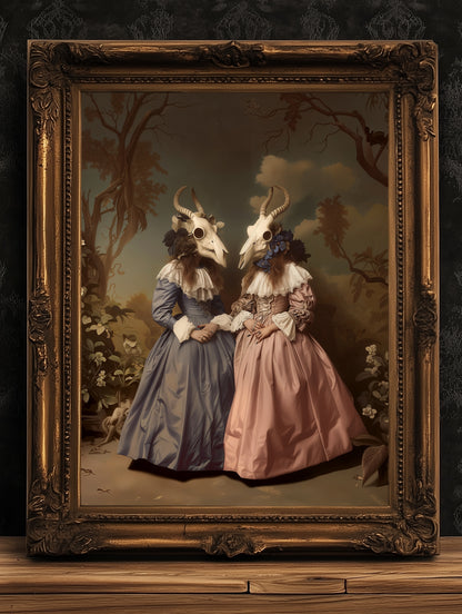 Baroque Woman with Ram Skull Mask Print