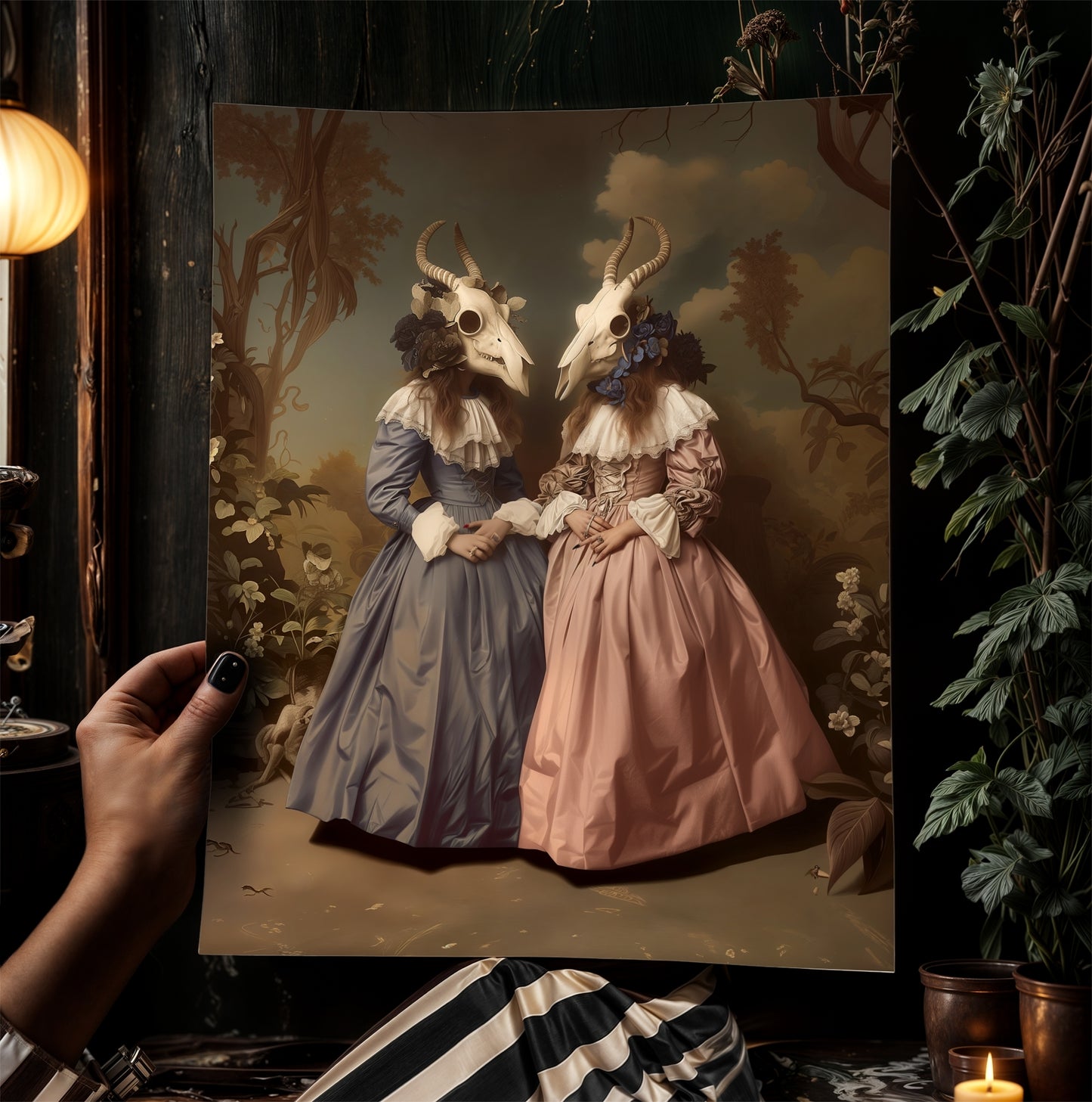 Baroque Woman with Ram Skull Mask Print