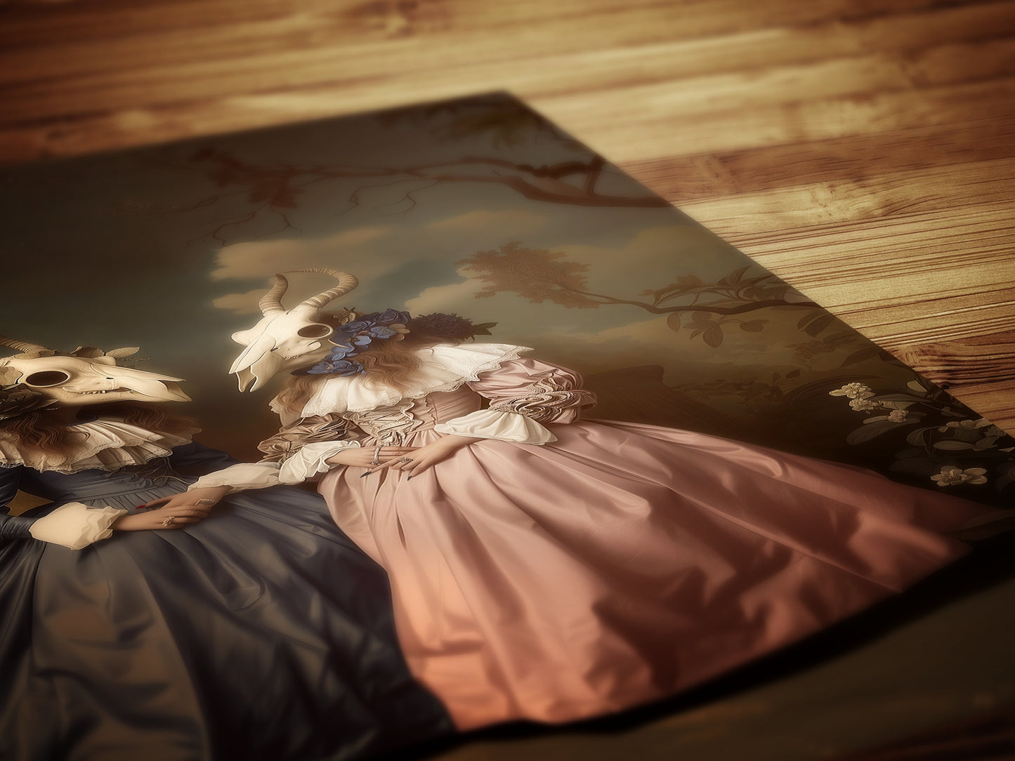 Baroque Woman with Ram Skull Mask Print