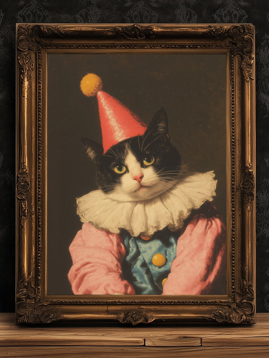 Funny Clown Cat Wall Art  Painting, Tuxedo Kitten Print Animal Clowncore Decor, Circus Kitty Artwork, Whimsical Quirky Jester Cat Lover Gift
