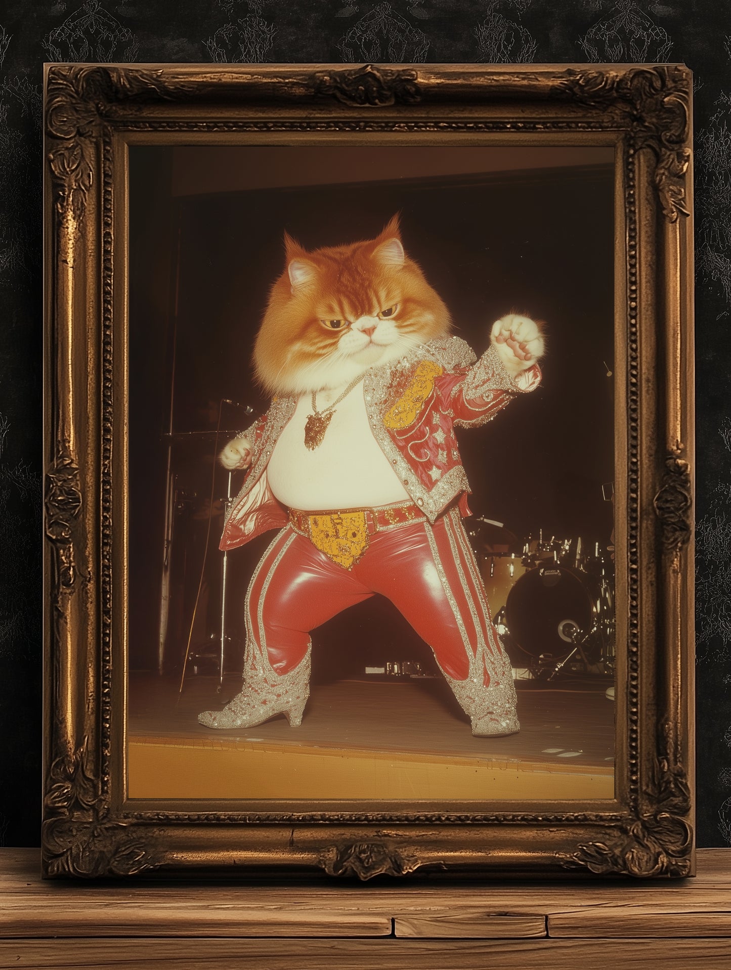 Funny Elvis Cat Wall Art, Rock Star Cat Print, Vintage Animal Decor Circus Cat Artwork Whimsical Cat Portrait Weird Gifts for Cat Lovers