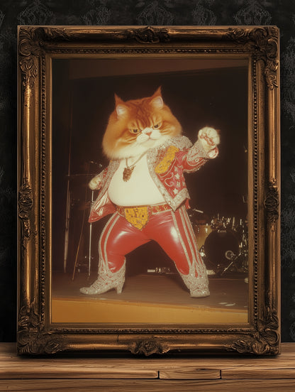 Funny Elvis Cat Wall Art, Rock Star Cat Print, Vintage Animal Decor Circus Cat Artwork Whimsical Cat Portrait Weird Gifts for Cat Lovers