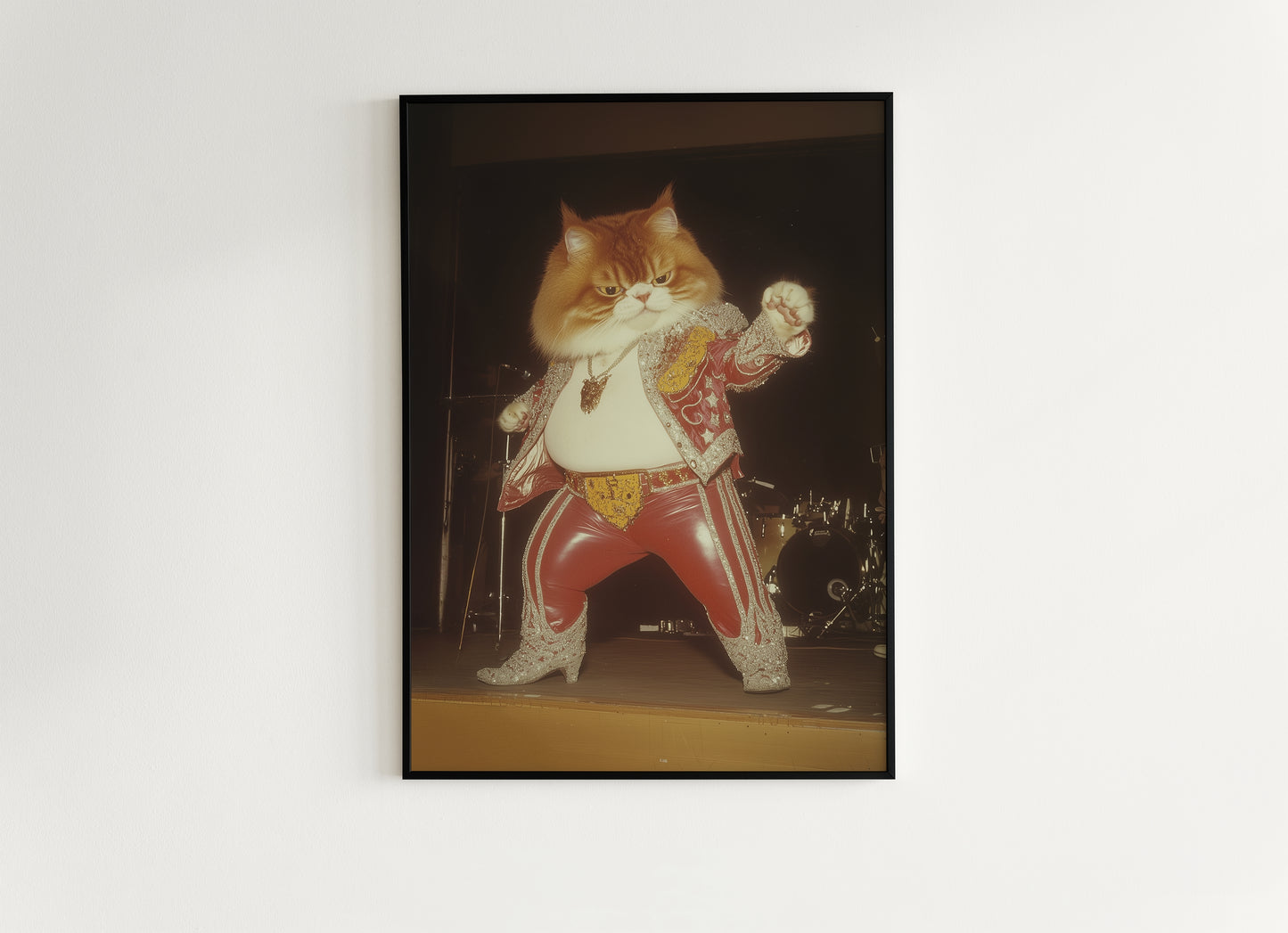 Funny Elvis Cat Wall Art, Rock Star Cat Print, Vintage Animal Decor Circus Cat Artwork Whimsical Cat Portrait Weird Gifts for Cat Lovers