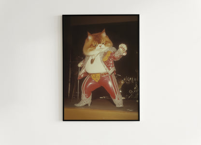 Funny Elvis Cat Wall Art, Rock Star Cat Print, Vintage Animal Decor Circus Cat Artwork Whimsical Cat Portrait Weird Gifts for Cat Lovers