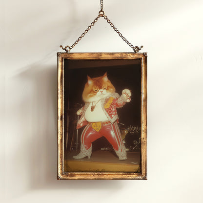 Funny Elvis Cat Wall Art, Rock Star Cat Print, Vintage Animal Decor Circus Cat Artwork Whimsical Cat Portrait Weird Gifts for Cat Lovers