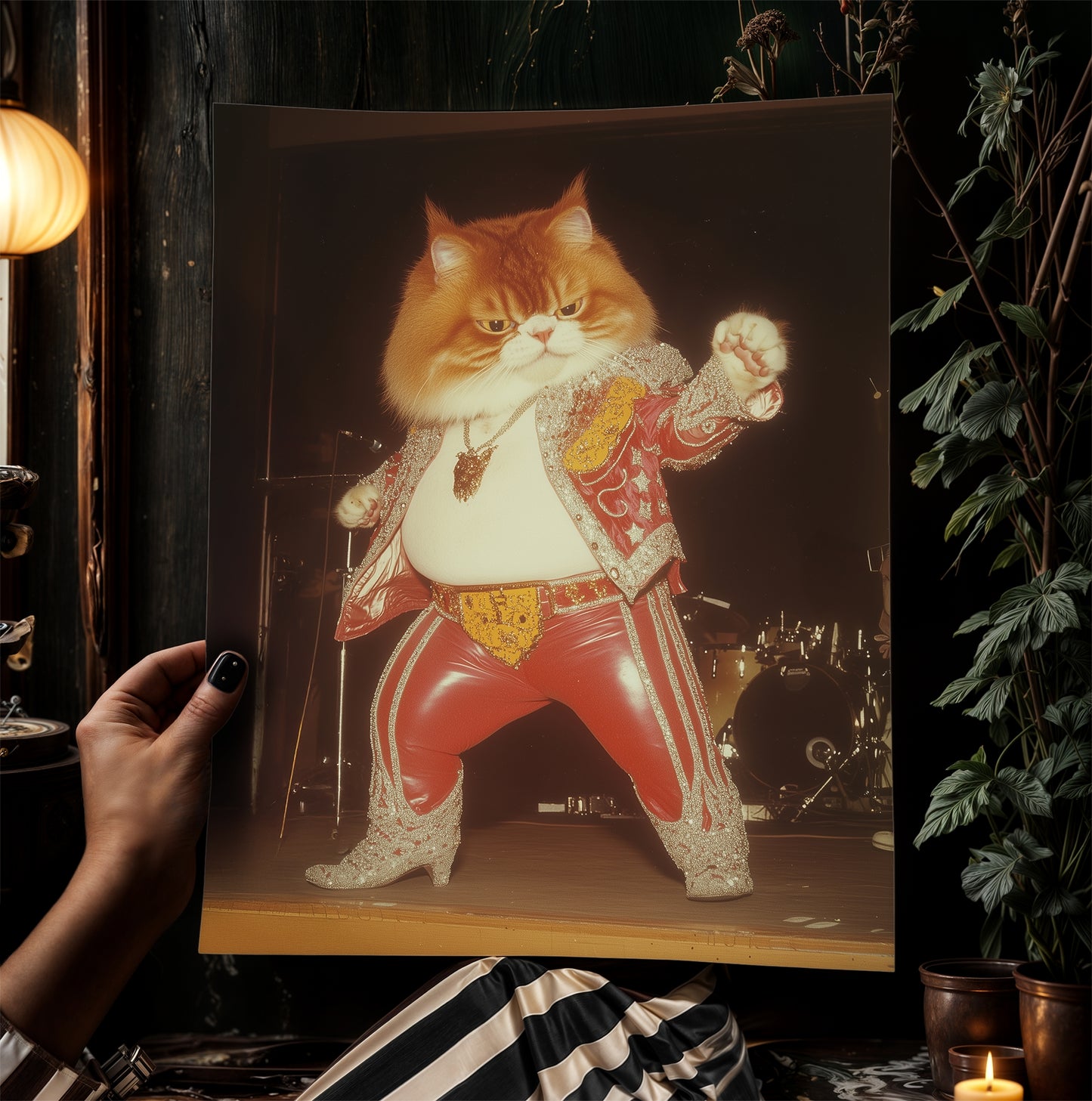 Funny Elvis Cat Wall Art, Rock Star Cat Print, Vintage Animal Decor Circus Cat Artwork Whimsical Cat Portrait Weird Gifts for Cat Lovers