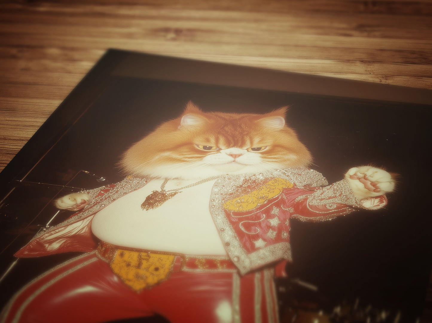 Funny Elvis Cat Wall Art, Rock Star Cat Print, Vintage Animal Decor Circus Cat Artwork Whimsical Cat Portrait Weird Gifts for Cat Lovers