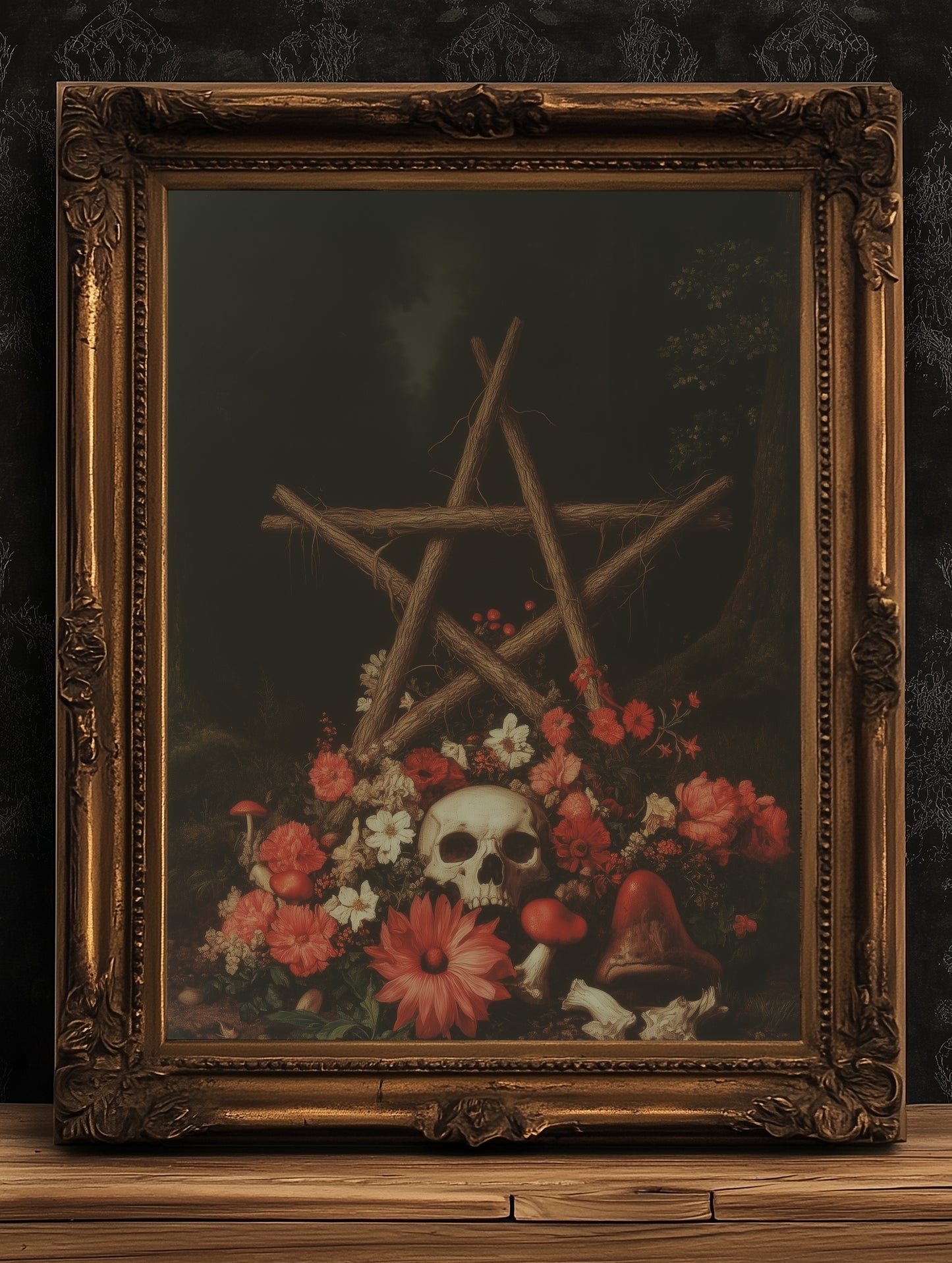 Dark Forest Wall Art, Skull and Pentagram Wreath, Gothic Whimsigoth Decor, Dark Academia Witch Altar Print, Fairycore Spooky Art