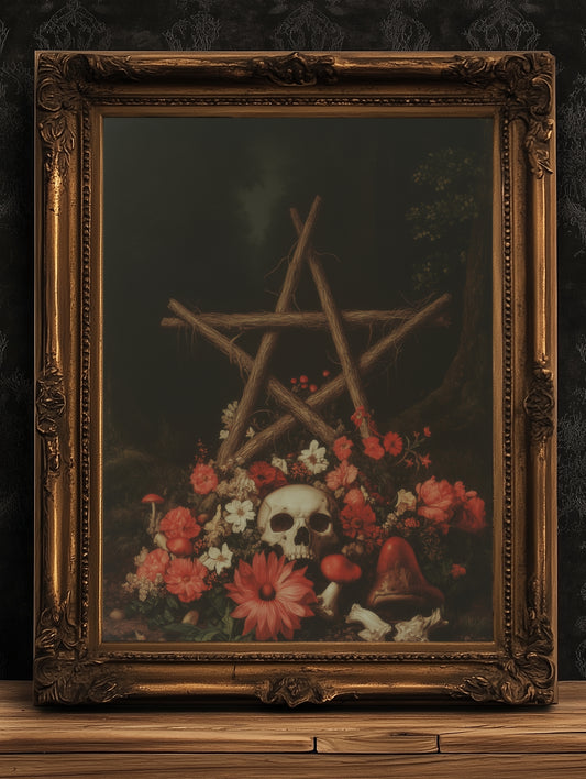 Dark Forest Wall Art, Skull and Pentagram Wreath, Gothic Whimsigoth Decor, Dark Academia Witch Altar Print, Fairycore Spooky Art