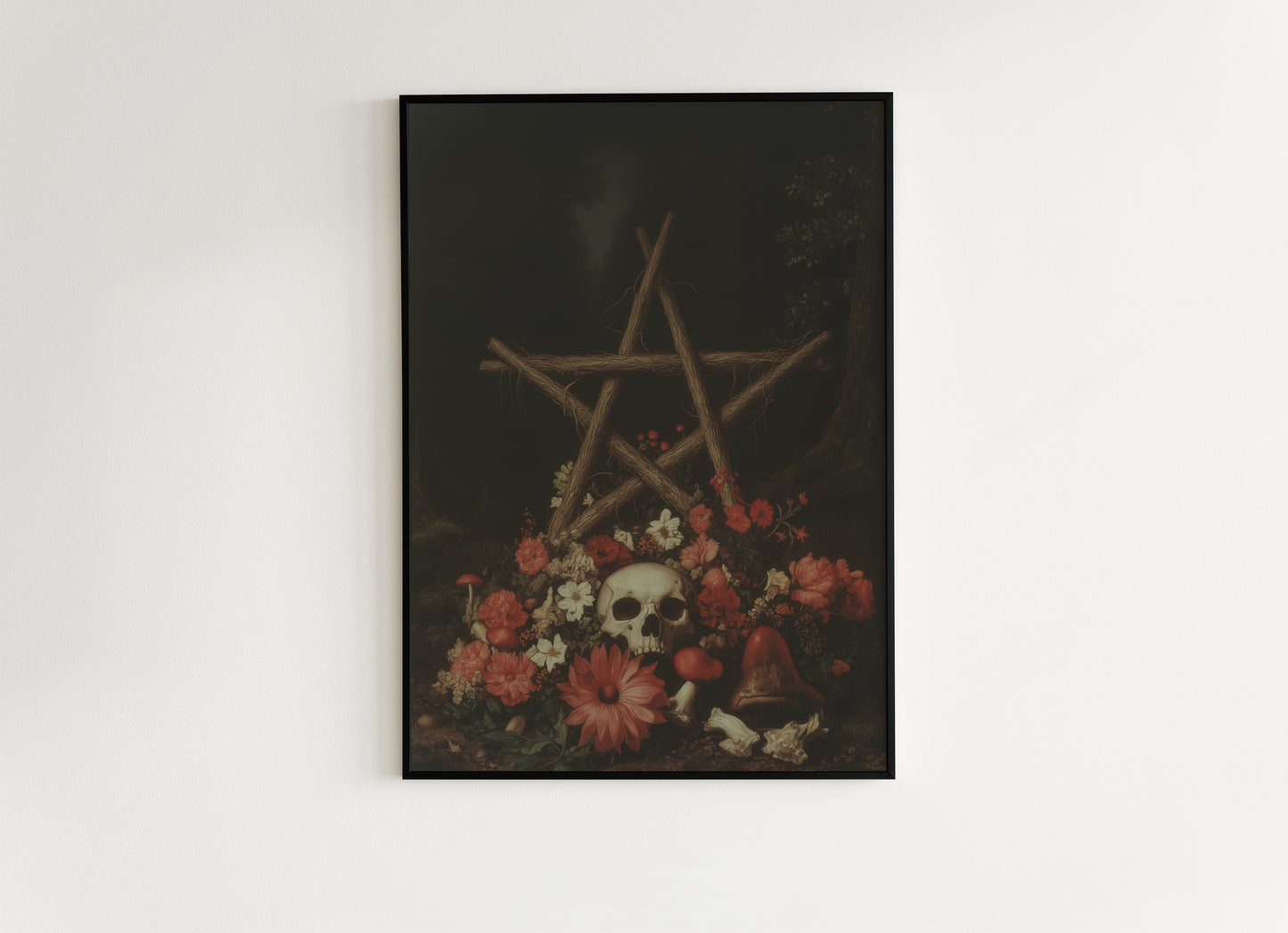 Dark Forest Wall Art, Skull and Pentagram Wreath, Gothic Whimsigoth Decor, Dark Academia Witch Altar Print, Fairycore Spooky Art