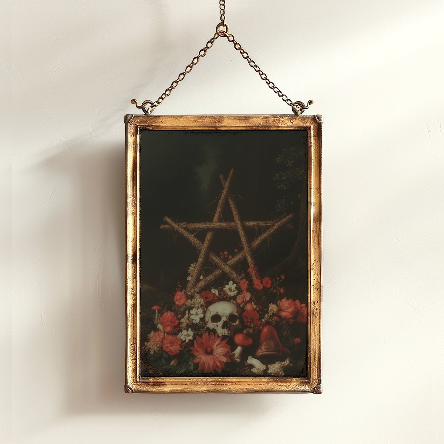 Dark Forest Wall Art, Skull and Pentagram Wreath, Gothic Whimsigoth Decor, Dark Academia Witch Altar Print, Fairycore Spooky Art