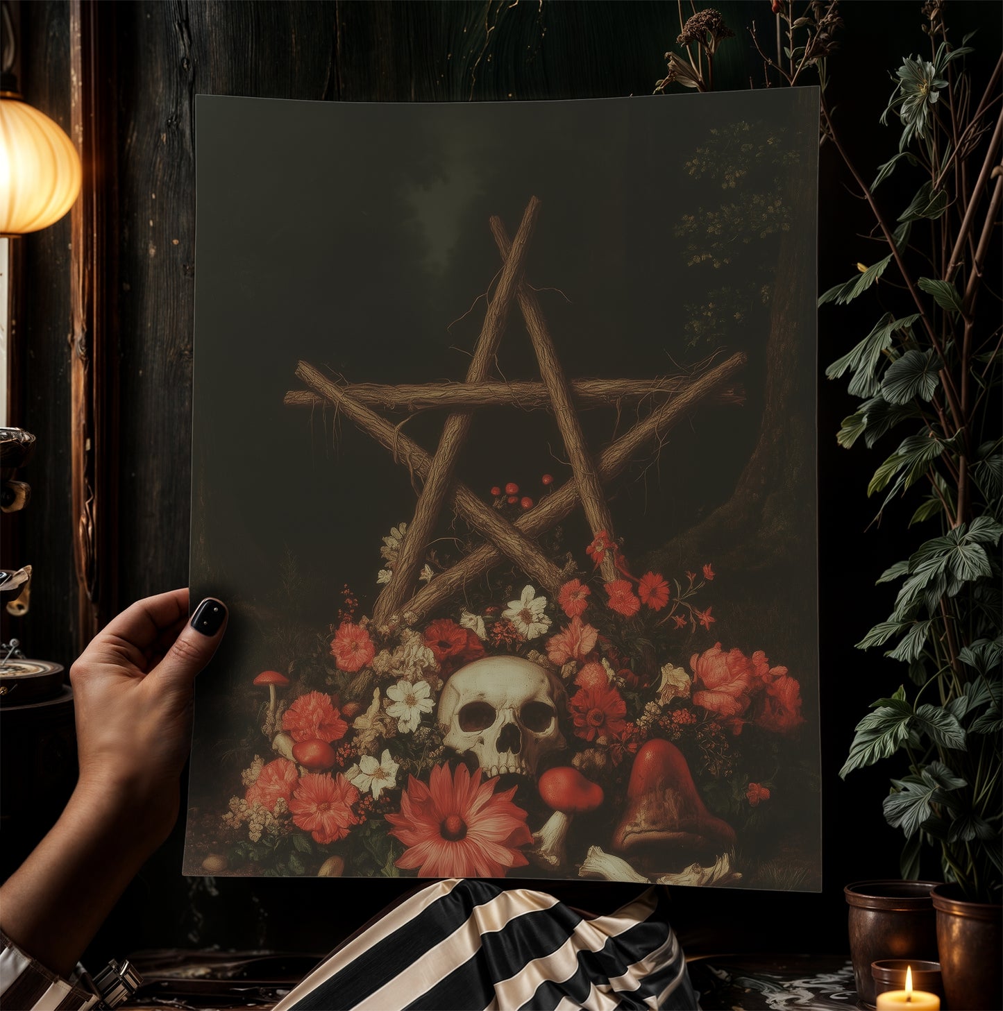 Dark Forest Wall Art, Skull and Pentagram Wreath, Gothic Whimsigoth Decor, Dark Academia Witch Altar Print, Fairycore Spooky Art
