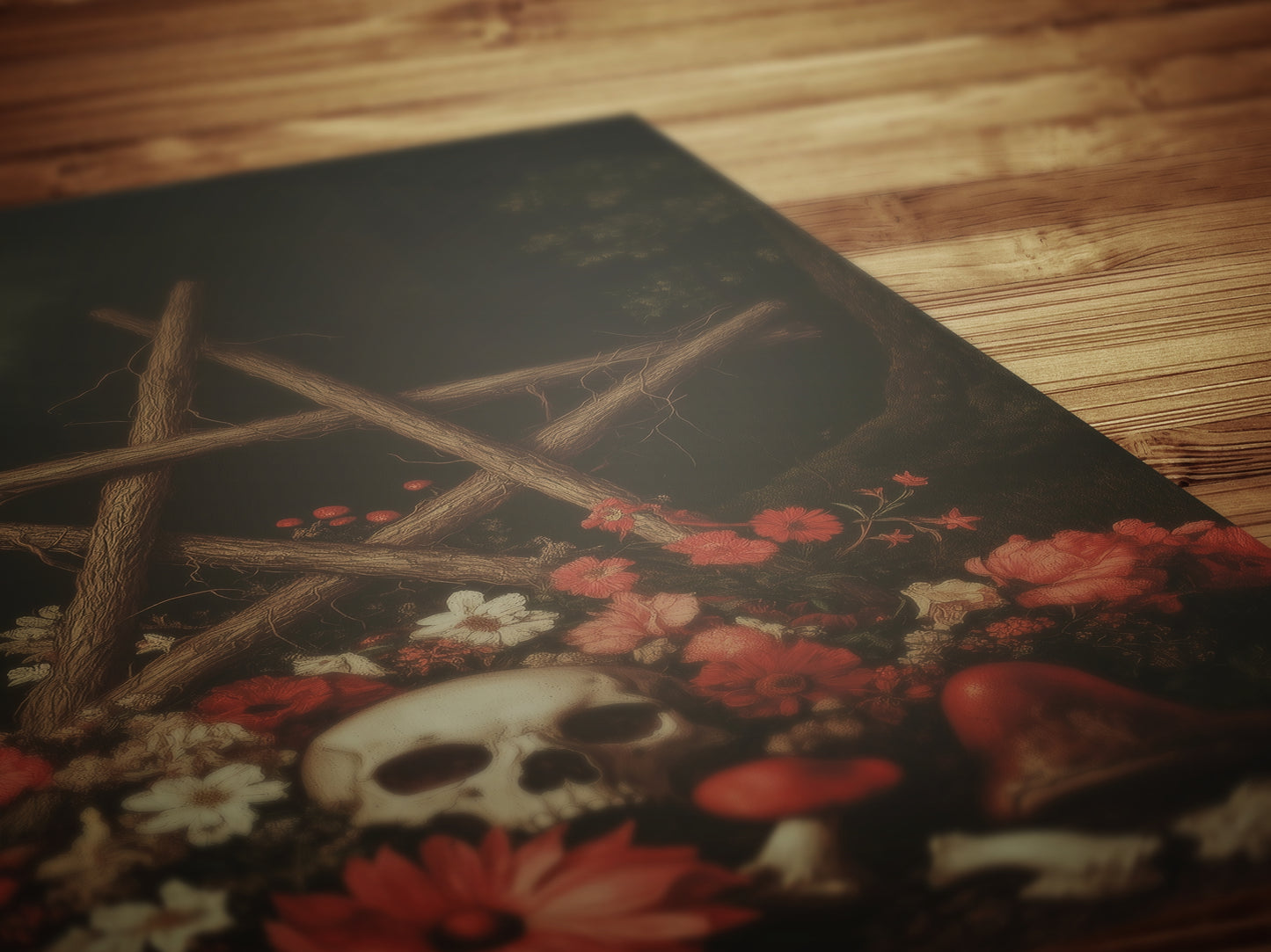 Dark Forest Wall Art, Skull and Pentagram Wreath, Gothic Whimsigoth Decor, Dark Academia Witch Altar Print, Fairycore Spooky Art