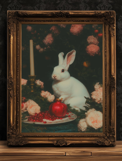 White Rabbit Poster, Dark Cottagecore Art Print, Whimsigoth Decor, Witchy Pastel Goth Gifts, Fairycore Spooky Wall Art Painting
