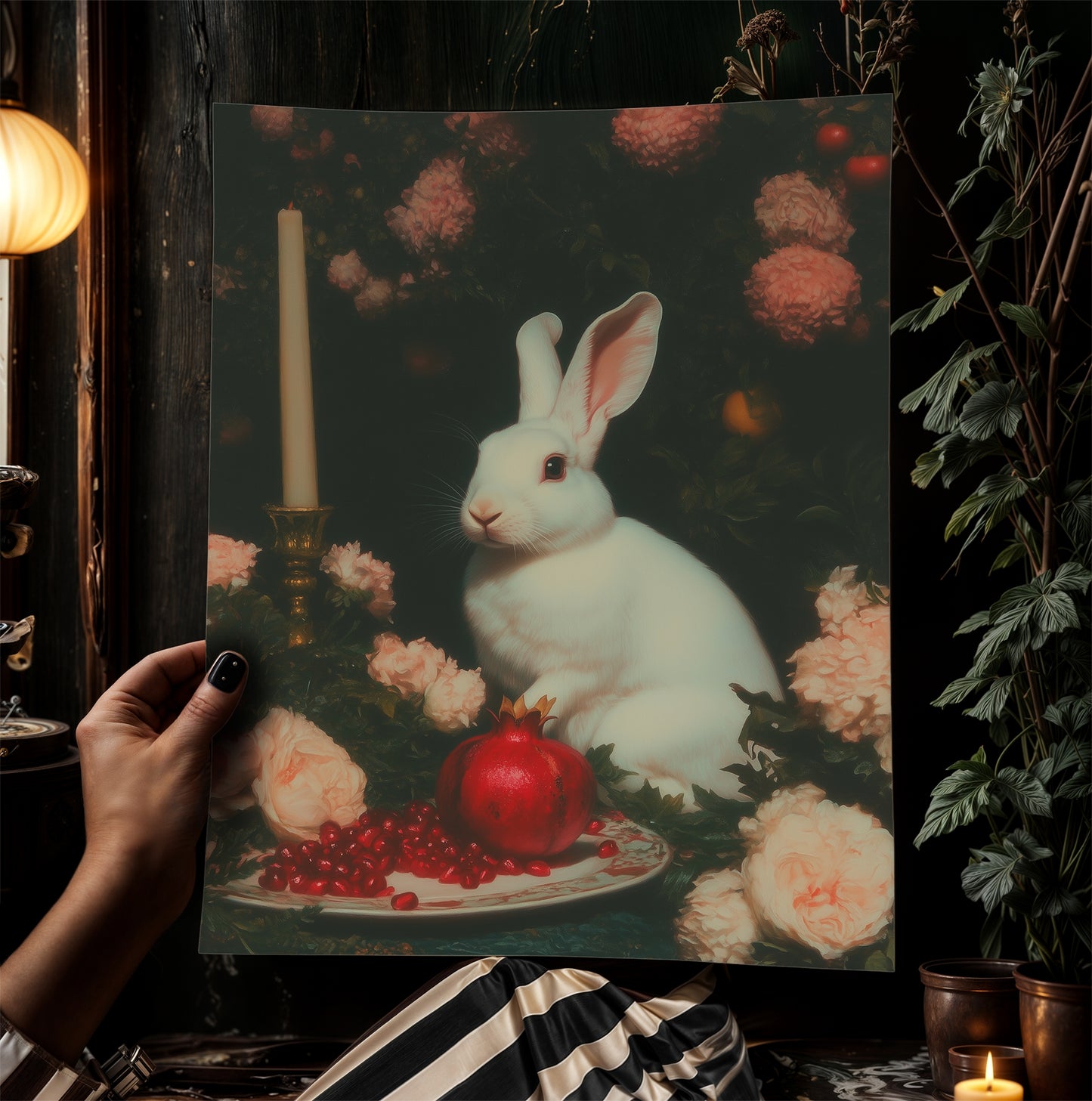 White Rabbit Poster, Dark Cottagecore Art Print, Whimsigoth Decor, Witchy Pastel Goth Gifts, Fairycore Spooky Wall Art Painting