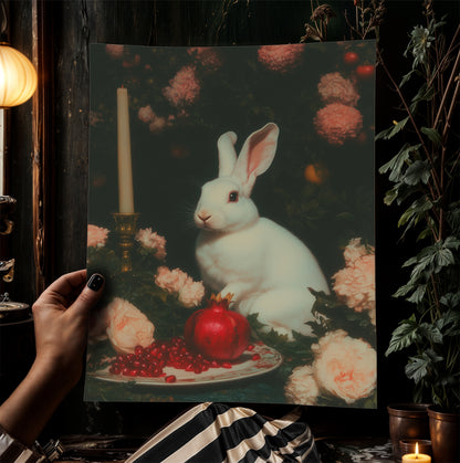 White Rabbit Poster, Dark Cottagecore Art Print, Whimsigoth Decor, Witchy Pastel Goth Gifts, Fairycore Spooky Wall Art Painting