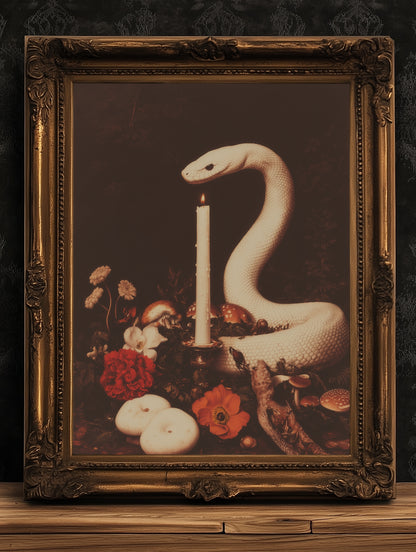 White Snake Painting, Memento Mori, Dark Academia Forest Wall Art, Whimsigoth Decor, Dark Cottagecore Decor, Spooky Wall Art Painting