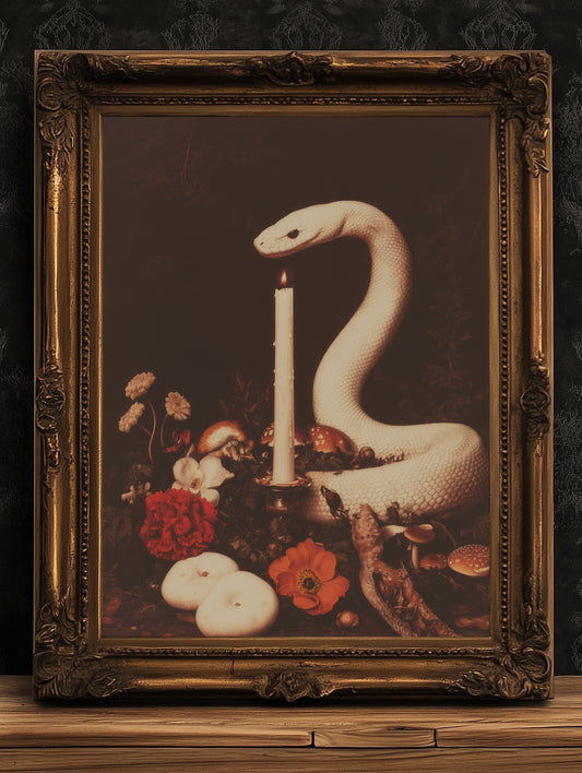White Snake Painting, Memento Mori, Dark Academia Forest Wall Art, Whimsigoth Decor, Dark Cottagecore Decor, Spooky Wall Art Painting