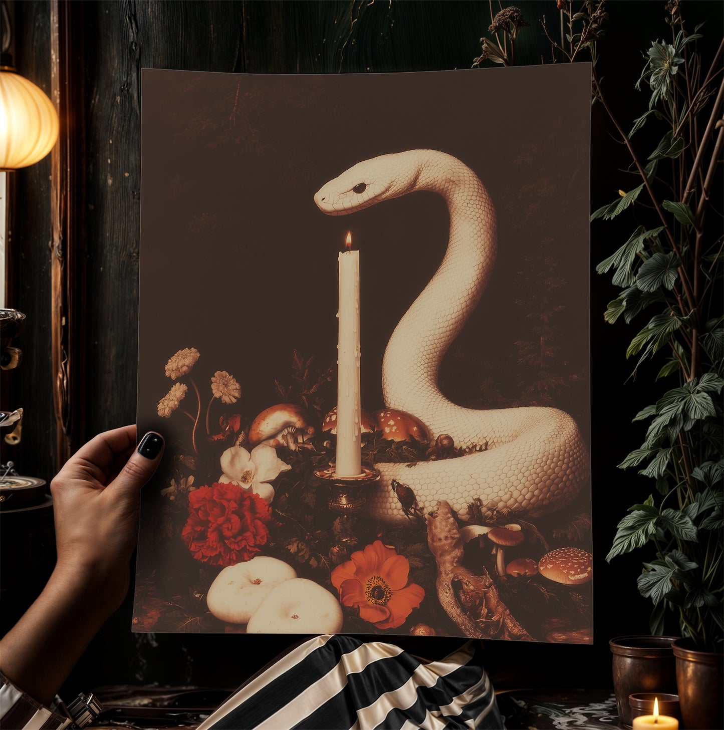 White Snake Painting, Memento Mori, Dark Academia Forest Wall Art, Whimsigoth Decor, Dark Cottagecore Decor, Spooky Wall Art Painting