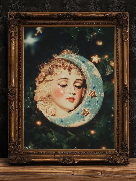 Celestial Moon Print, 90s Whimsigoth Decor, Whimsical Celestial Magical Home Decor, Crescent Moon Poster, Cosy Witchy Print
