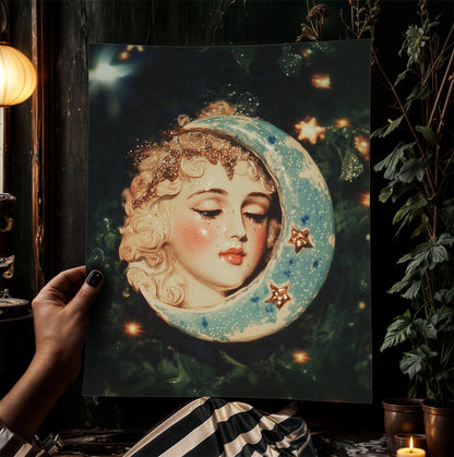 Celestial Moon Print, 90s Whimsigoth Decor, Whimsical Celestial Magical Home Decor, Crescent Moon Poster, Cosy Witchy Print