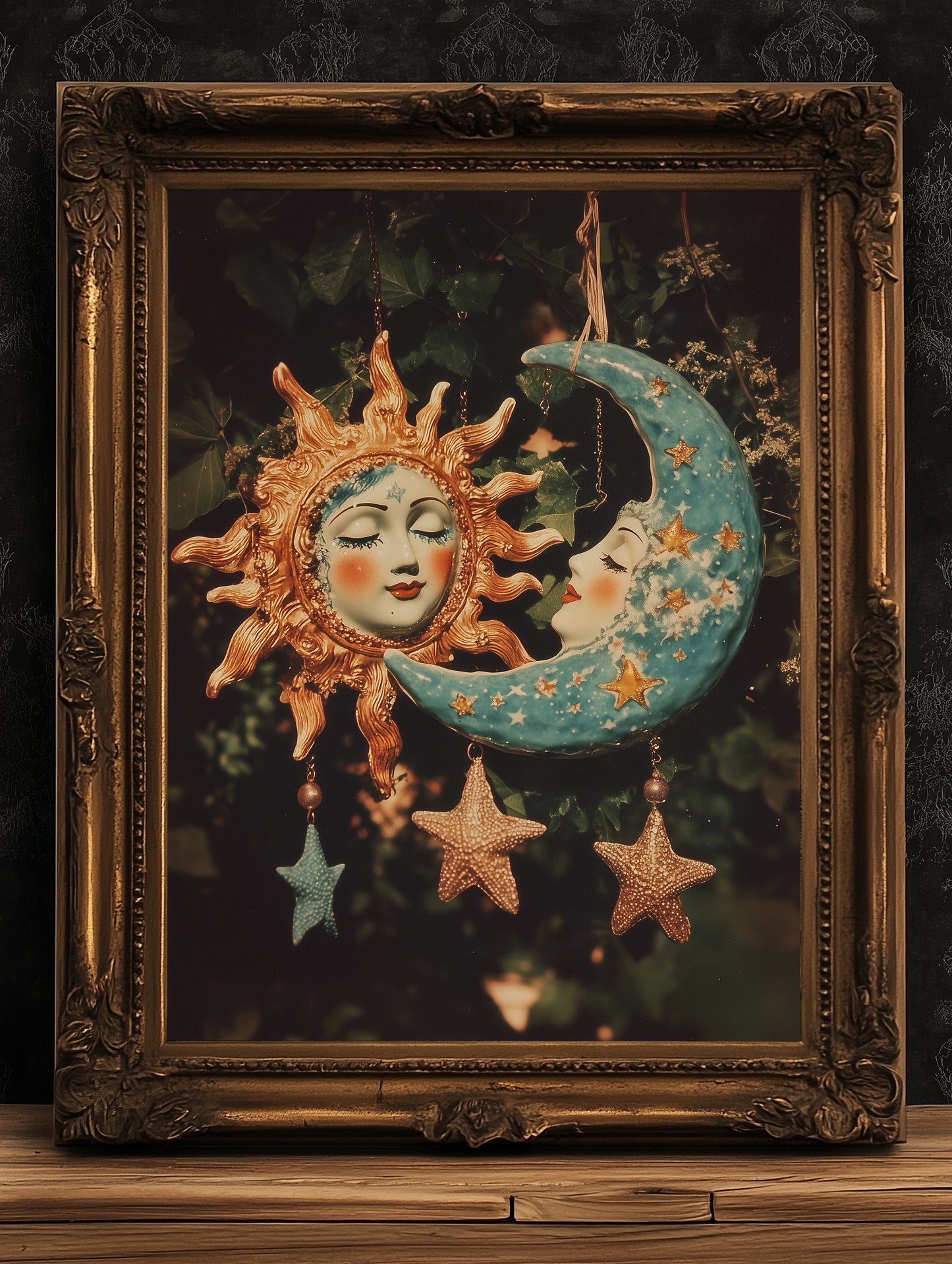 Celestial Sun And Moon Print, 90s Whimsigoth Decor, Whimsical Celestial Magical Home Decor, Crescent Moon Poster, Cosy Witchy Print