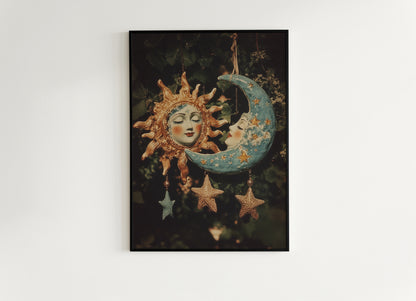 Celestial Sun And Moon Print, 90s Whimsigoth Decor, Whimsical Celestial Magical Home Decor, Crescent Moon Poster, Cosy Witchy Print