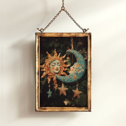 Celestial Sun And Moon Print, 90s Whimsigoth Decor, Whimsical Celestial Magical Home Decor, Crescent Moon Poster, Cosy Witchy Print