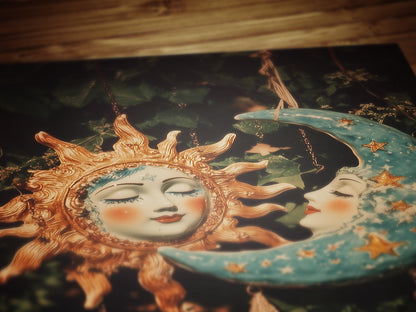 Celestial Sun And Moon Print, 90s Whimsigoth Decor, Whimsical Celestial Magical Home Decor, Crescent Moon Poster, Cosy Witchy Print