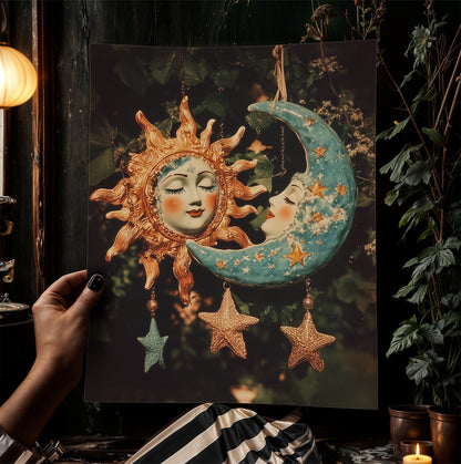 Celestial Sun And Moon Print, 90s Whimsigoth Decor, Whimsical Celestial Magical Home Decor, Crescent Moon Poster, Cosy Witchy Print