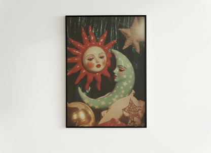 Celestial Sun And Crescent Moon Print, 90s Whimsigoth Decor, Whimsical Celestial Magical Home Decor, Sun Moon Poster, Cosy Witchy Print