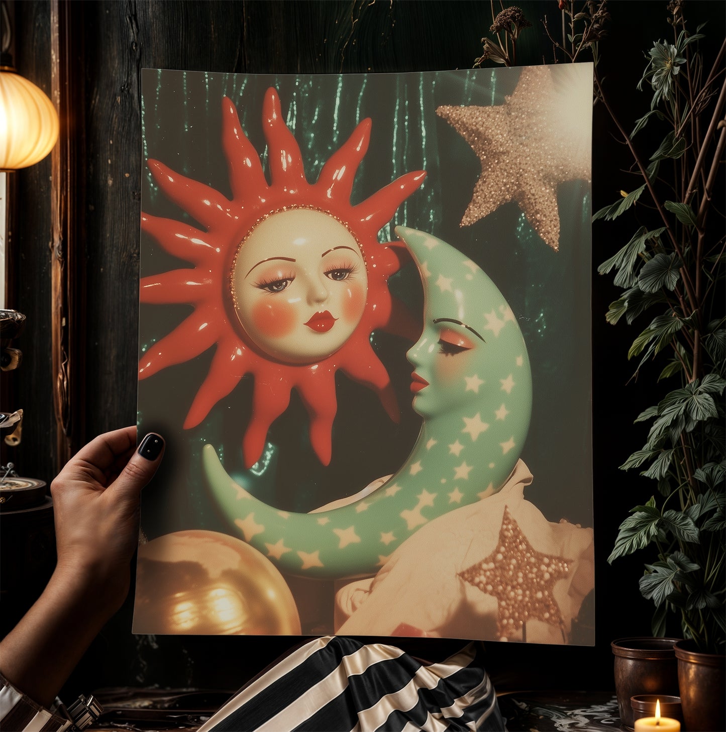 Celestial Sun And Crescent Moon Print, 90s Whimsigoth Decor, Whimsical Celestial Magical Home Decor, Sun Moon Poster, Cosy Witchy Print