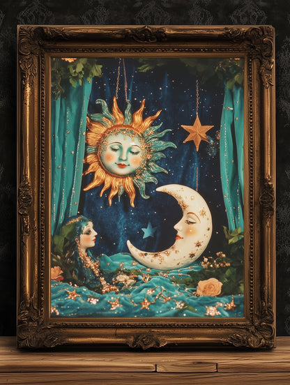 Boho Caravan Sun And Crescent Moon Print, 90s Whimsigoth Decor, Whimsical Celestial Magical Home Decor, Sun Moon Poster, Cosy Witchy Print