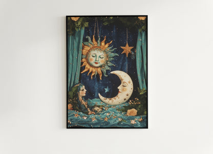 Boho Caravan Sun And Crescent Moon Print, 90s Whimsigoth Decor, Whimsical Celestial Magical Home Decor, Sun Moon Poster, Cosy Witchy Print
